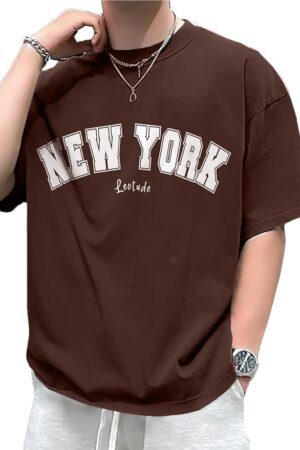 LEOTUDE Casual Half Sleeve Cottonblend Printed Round Neck Drop Shoulder Oversized Tshirt for Man (Color Brown)