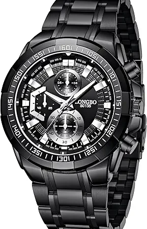 LONGBO Black Business Casual Stainless Steel Decorative  Big Blue Dial Scratch Resistant Waterproof Analog Watch for Men and Boys