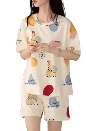 Louis Luxe Womens Korean Night Dress || Short Pyjama Set || Korean Nightsuit || Women Nightwear ||Round Neck Short Sleeve Nightsuit || Loungewear || Everyday Nightdress (ND-01)
