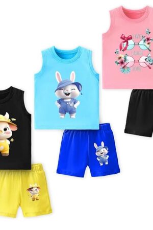 Sleeveless T-Shirt & Shorts Combo | Summer Wear for Boys & Girls | Soft Breathable Fabric | Multicolor Pack of 3|  for babies >0-3 months