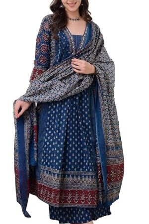 Women's Rayon Printed Anarkali Kurta and Pant with Dupatta Set