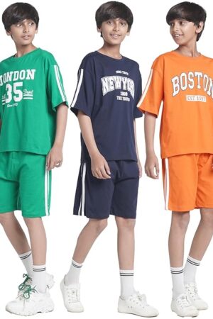 Boys Cotton Printed DropShoulder Fit T-Shirt and Shorts Clothing Set (Pack of 3) 6-8 yrs