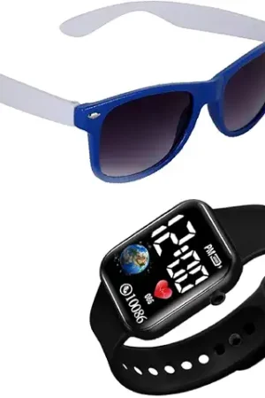 UZAK Designer Sunglasses and Digital Smart Watch Combo Set, Black Frame, Gradient Lens